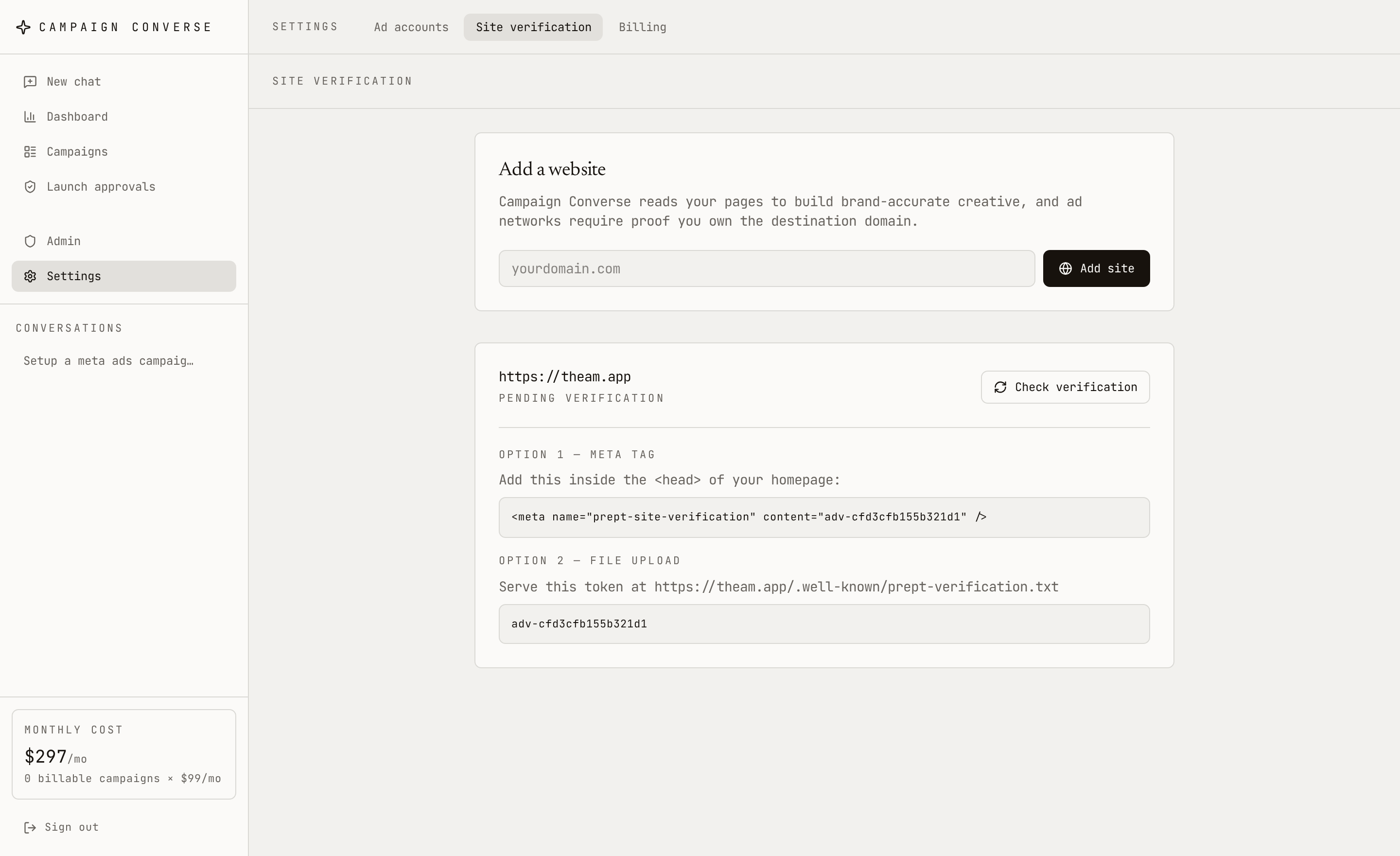 Campaign Converse site verification screen showing meta tag and file upload verification options